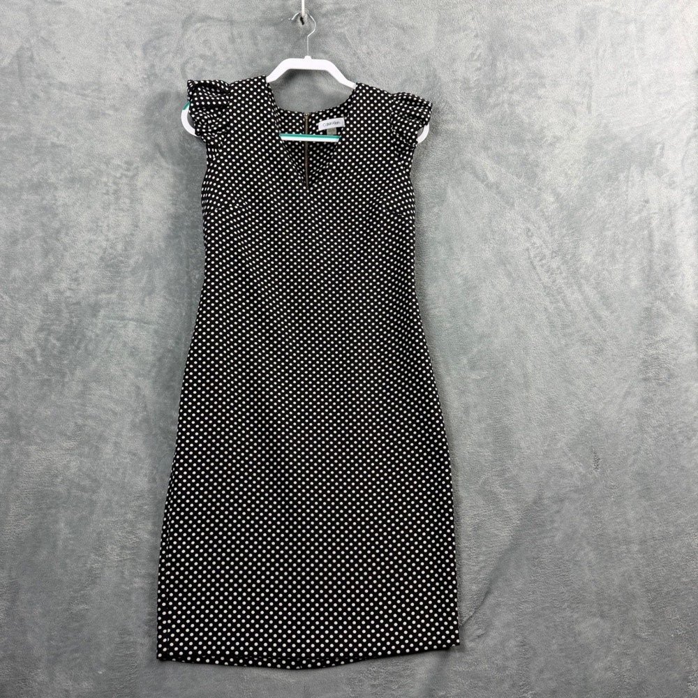 Calvin Klein Womens 8 Black Polka Dot Midi Sheath Dress Ruffle Office Siren Y52